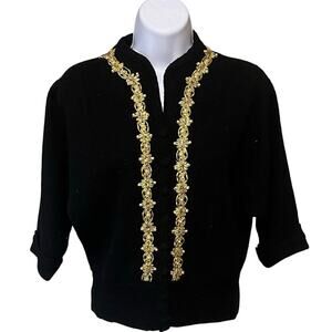 VTG 1950s Helen Harper 100% Wool Black Cardigan Sweater Gold Thread Faux Pearl